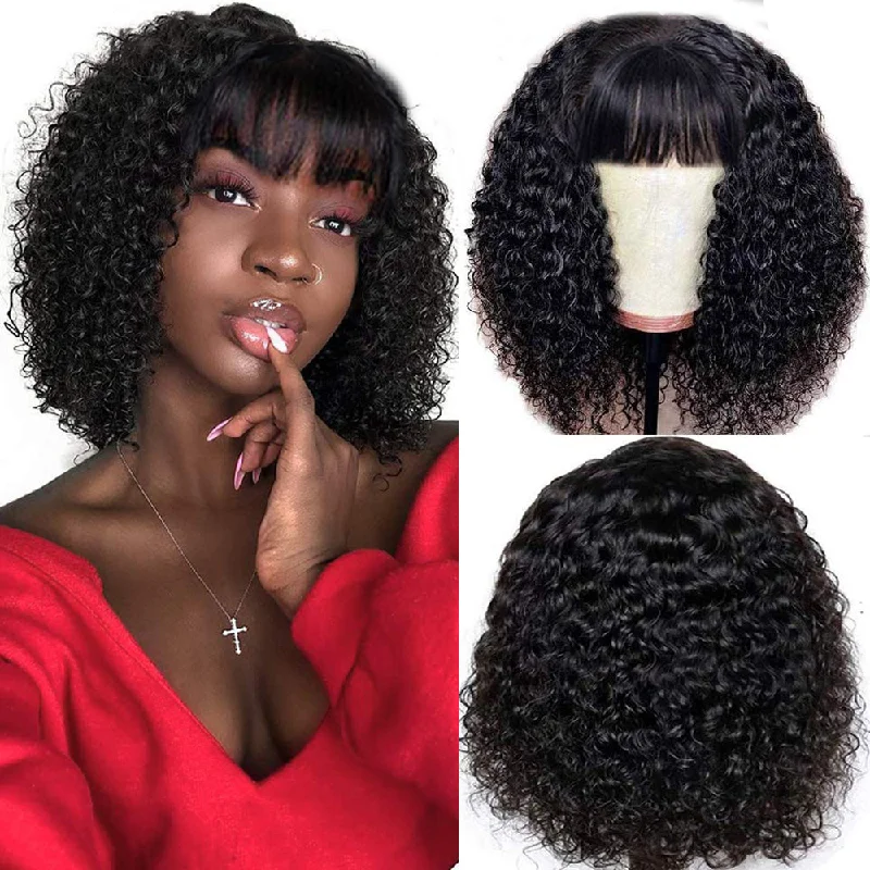 Kinky Curly Bob Full Machine Made None Lace Human Hair Wigs With Bangs