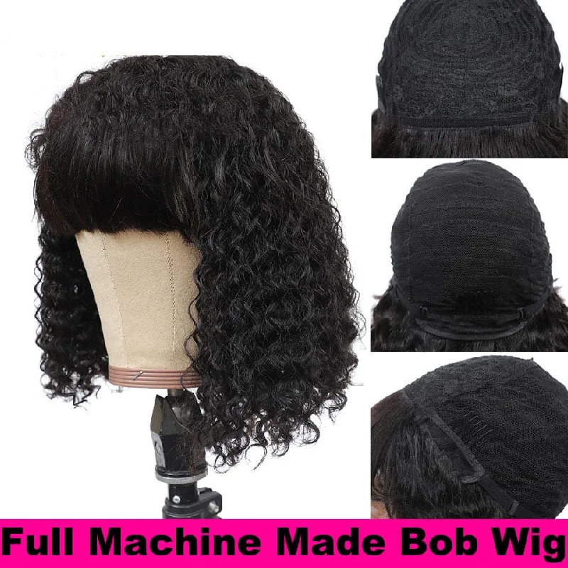 Kinky Curly Bob Full Machine Made None Lace Human Hair Wigs With Bangs