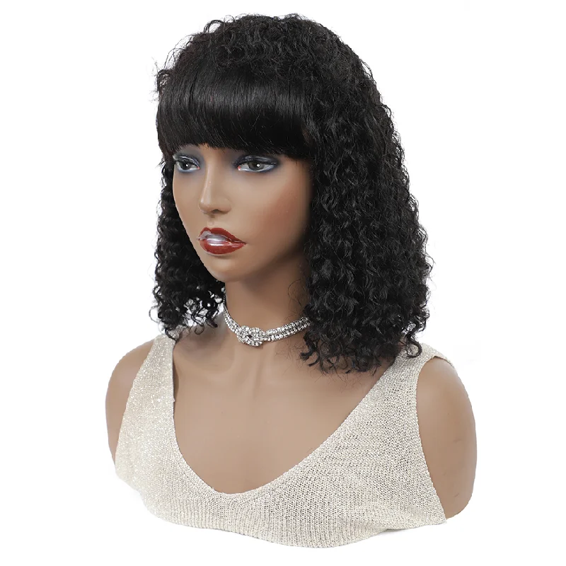 Kinky Curly Bob Full Machine Made None Lace Human Hair Wigs With Bangs