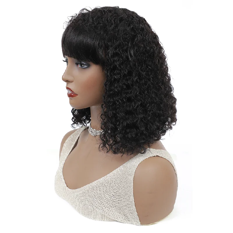 Kinky Curly Bob Full Machine Made None Lace Human Hair Wigs With Bangs