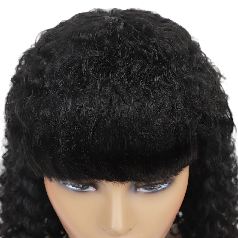 Kinky Curly Bob Full Machine Made None Lace Human Hair Wigs With Bangs