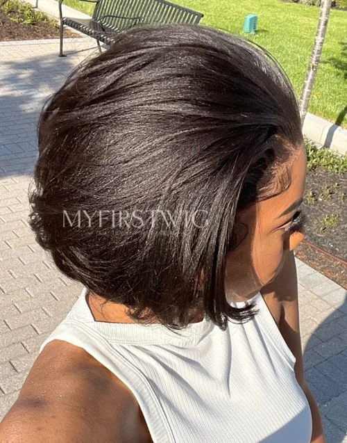 Malaysian Human Hair Blunt Cut Glueless Relaxed Yaki Hair Texture Bob Invisible Lace Front Wig - YAKI023