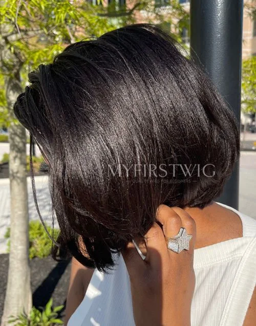 Malaysian Human Hair Blunt Cut Glueless Relaxed Yaki Hair Texture Bob Invisible Lace Front Wig - YAKI023