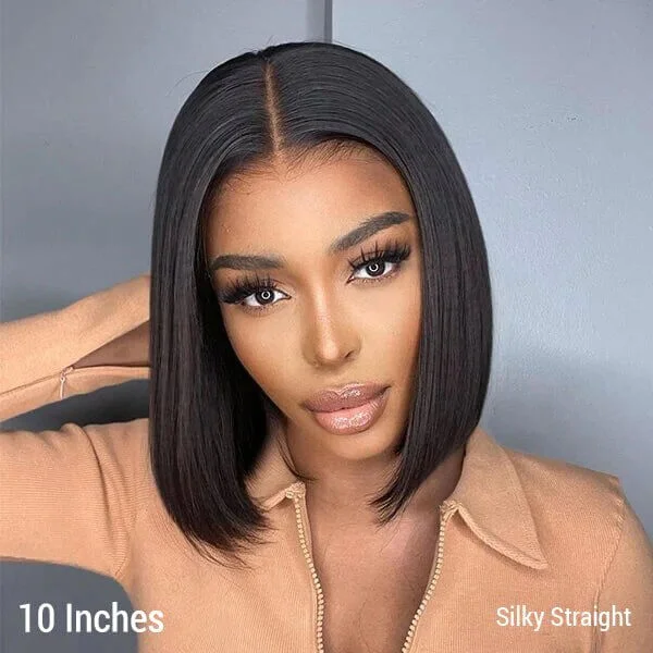 Natural Black Glueless Straight Bob Transparent Lace Wig 10A Double Drawn Human Hair