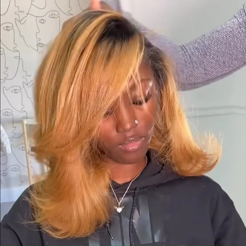 Ombre 1B/27 Glueless Wigs Natural Straight 13x4 Lace Front Human Hair Wigs Blonde Colored with Dark Roots Bob Wigs No Code Needed