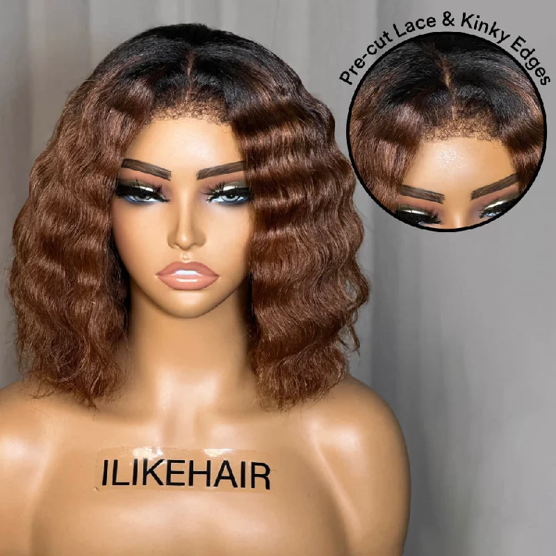 Wear& Go Ombre Brown Wavy Kinky Edges Pre Cut 5x5 HD Lace Bob Wig