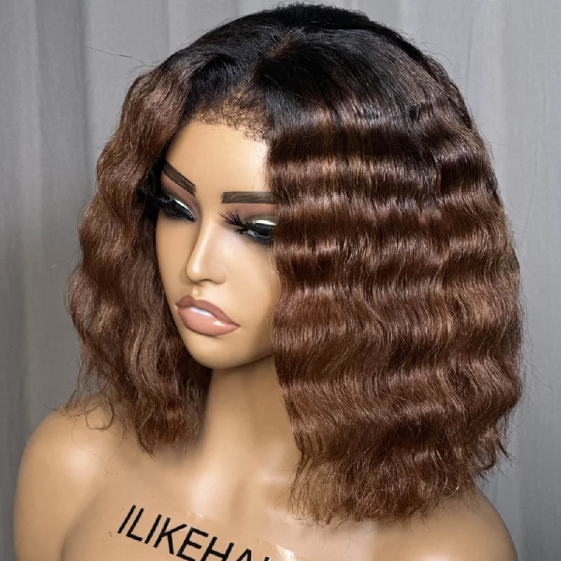 Wear& Go Ombre Brown Wavy Kinky Edges Pre Cut 5x5 HD Lace Bob Wig