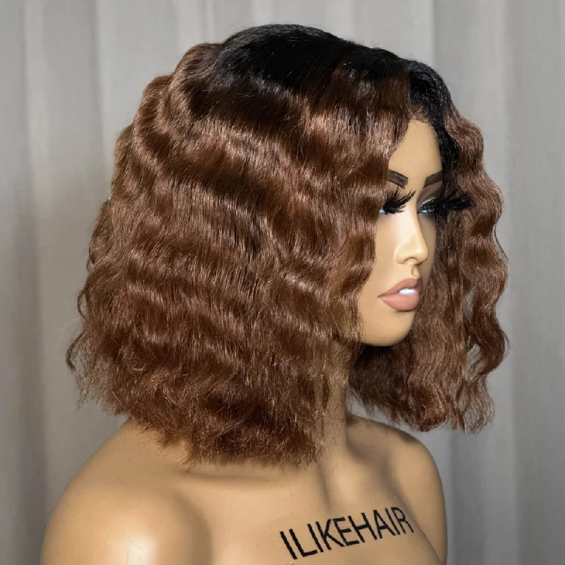 Wear& Go Ombre Brown Wavy Kinky Edges Pre Cut 5x5 HD Lace Bob Wig