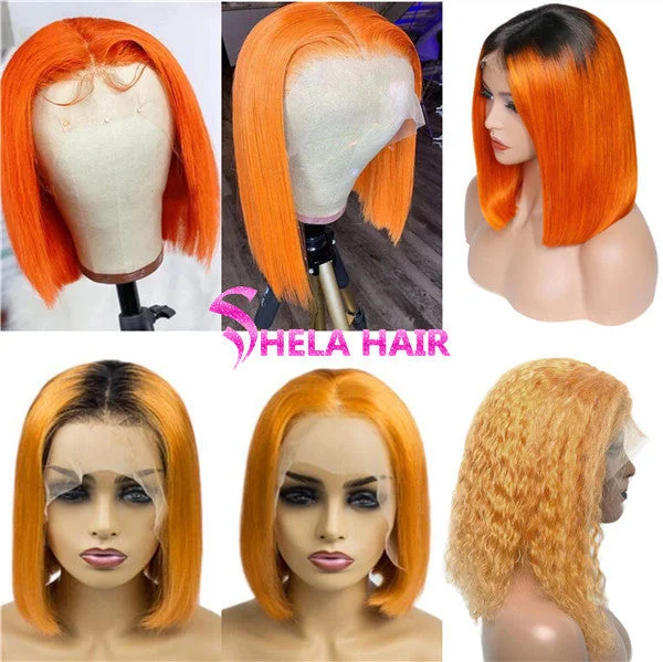 Pumpkin Orange Color Bob Wig Transparent Lace Human Hair Wig