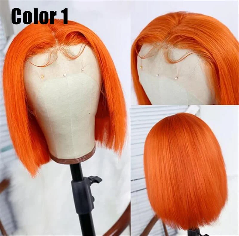 Pumpkin Orange Color Bob Wig Transparent Lace Human Hair Wig