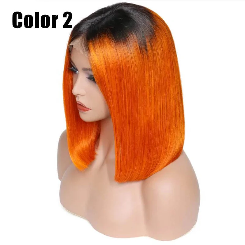 Pumpkin Orange Color Bob Wig Transparent Lace Human Hair Wig