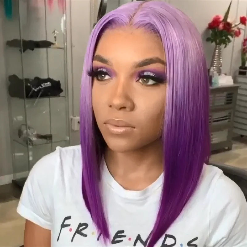 Peruvian Hair Gradient Color Purple Straight Lace Front Bob Wig