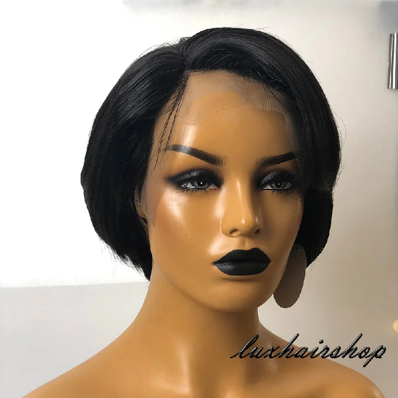 Peruvian Human Hair Lace Front Black Short Hair Fringe Bob Wig