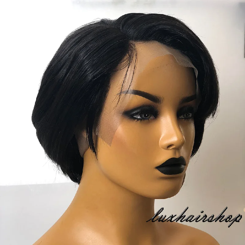 Peruvian Human Hair Lace Front Black Short Hair Fringe Bob Wig