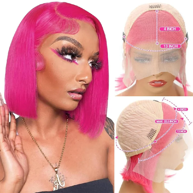 Pink Color 13x4 Lace Front Bob Wigs Human Hair Straight colored wig