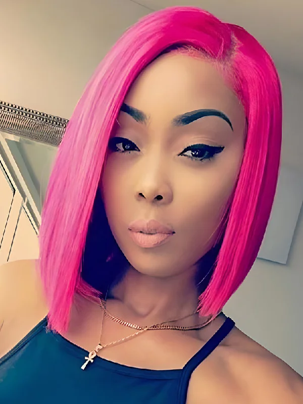 CurlyMe Pink Color Straight Hair 13x4 Lace Front Bob Wigs