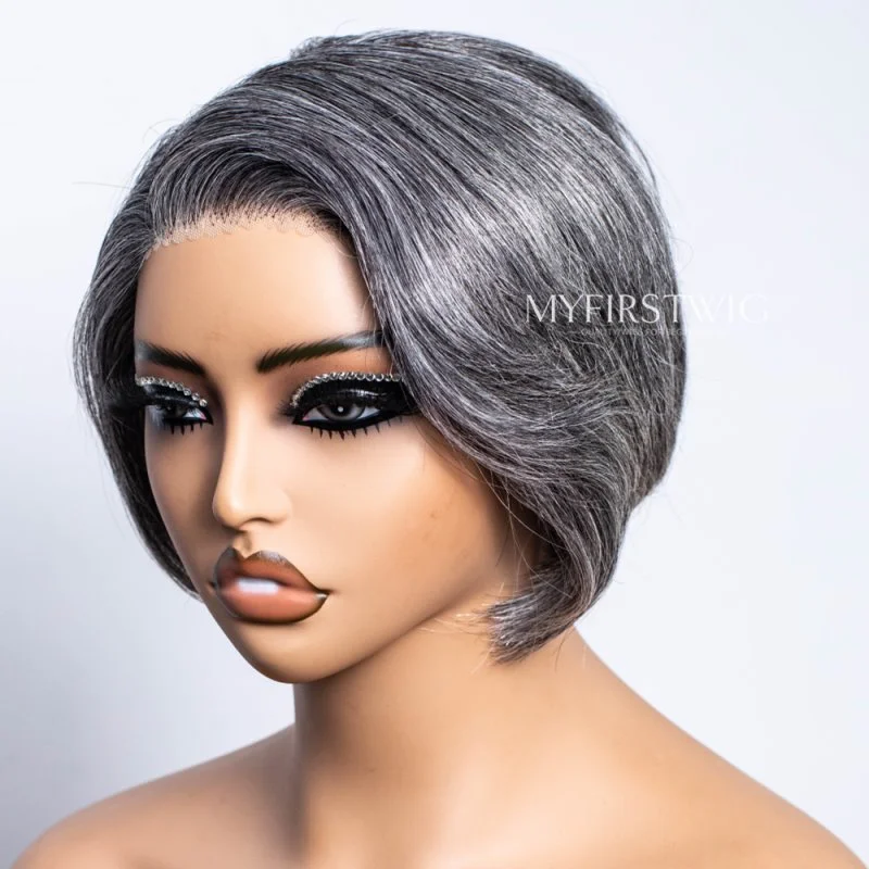 Pixie Cut Short Hair Salt & Pepper Grey C Part Glueless Wig -FLFB01