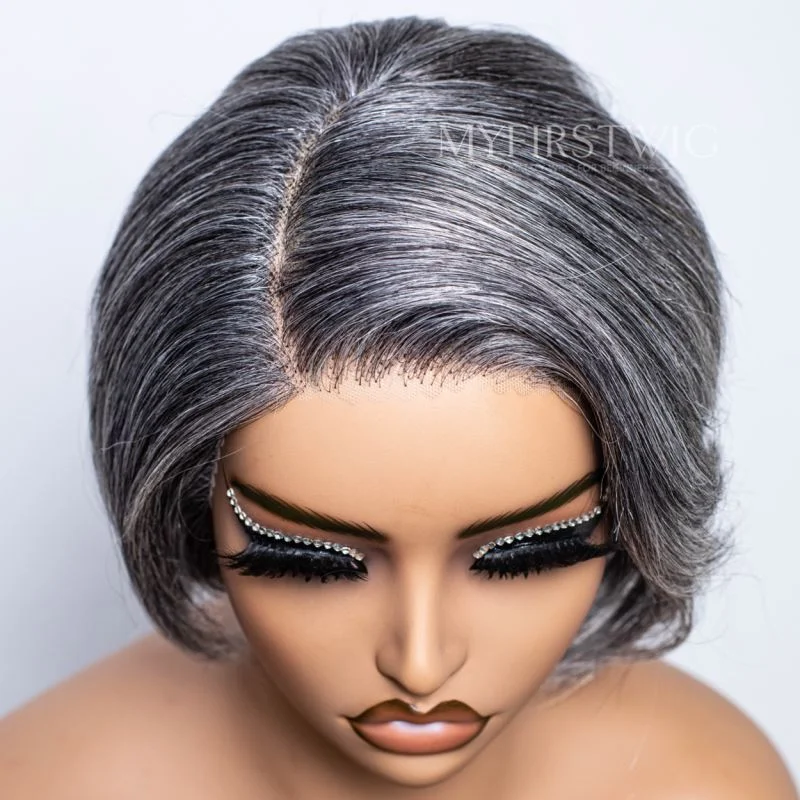 Pixie Cut Short Hair Salt & Pepper Grey C Part Glueless Wig -FLFB01