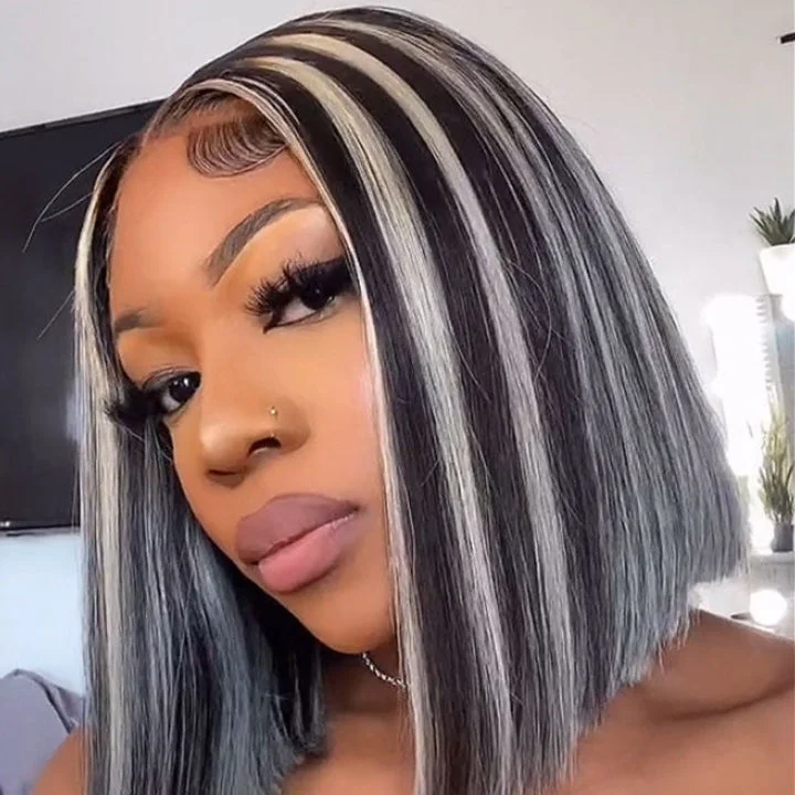 Platinum Highlight Grey 13x4/4x4 Lace Front Bob Wigs Highlights Color Brazilain Straight Human Hair Wigs