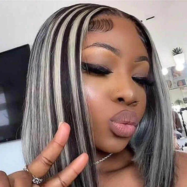 Platinum Highlight Grey 13x4/4x4 Lace Front Bob Wigs Highlights Color Brazilain Straight Human Hair Wigs