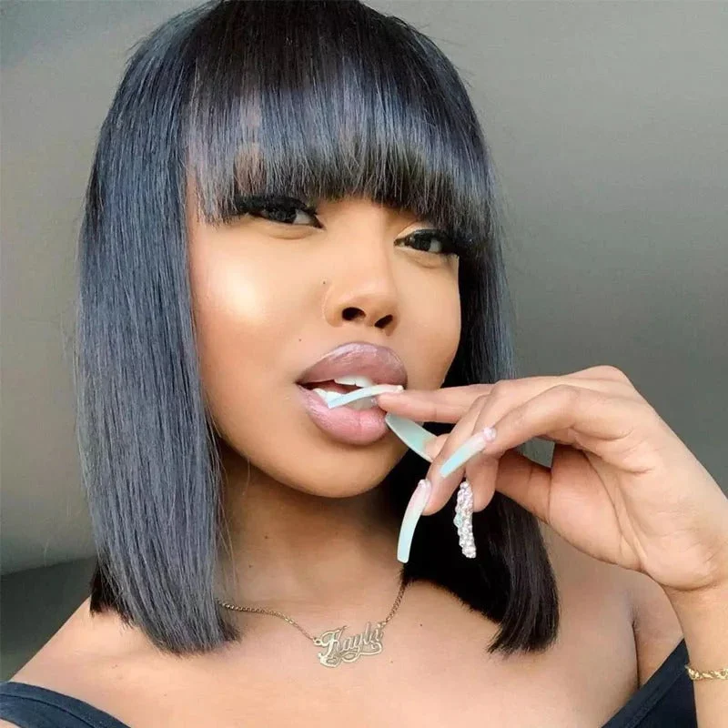 Straight Human Hair Short Bob Wigs With Bangs Human Hair 13x4 lace Front Wigs