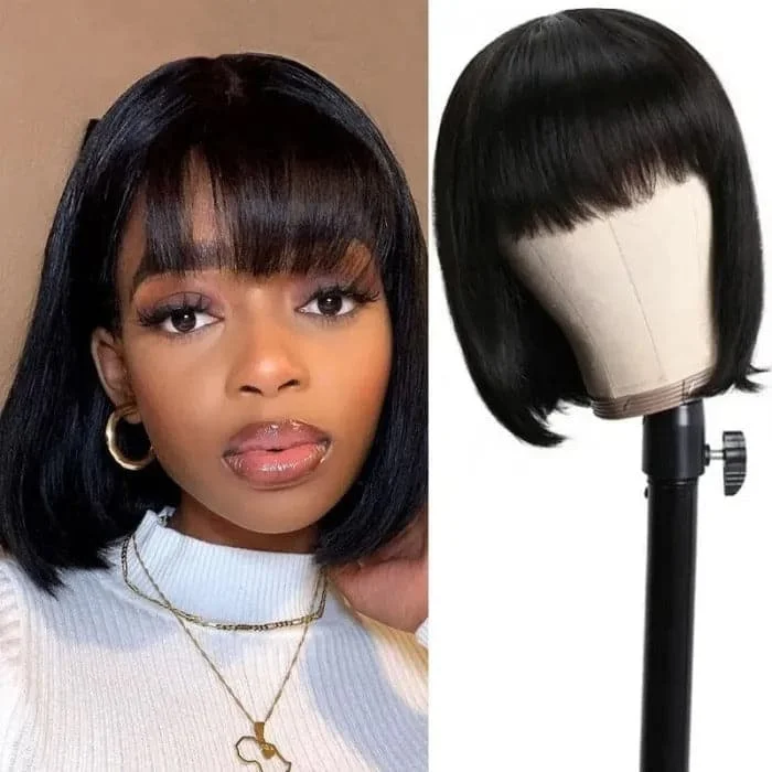 Straight Human Hair Short Bob Wigs With Bangs Human Hair 13x4 lace Front Wigs