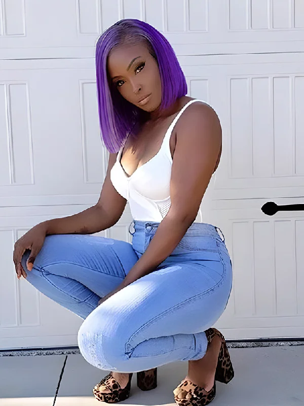 CurlyMe Attractive Purple Straight Hair 13x4 Transparent Lace Front Bob Wigs