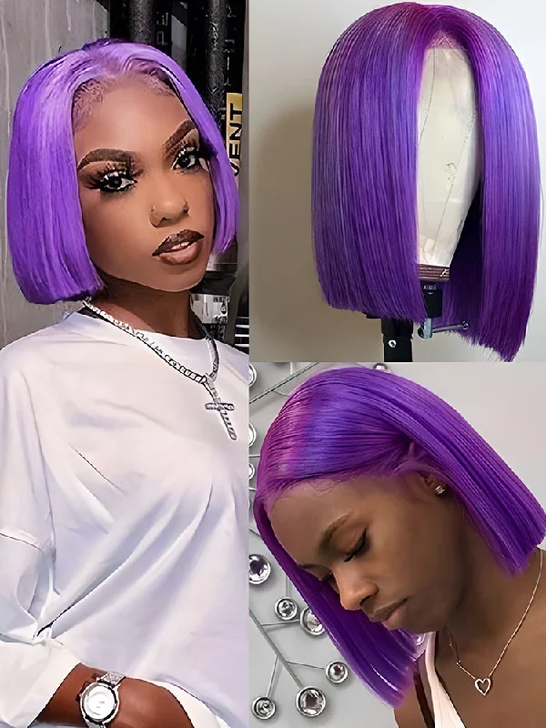 CurlyMe Attractive Purple Straight Hair 13x4 Transparent Lace Front Bob Wigs