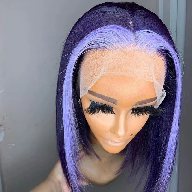 Real Human  Hair Purple Color Highlight Lace Front Bob Wig