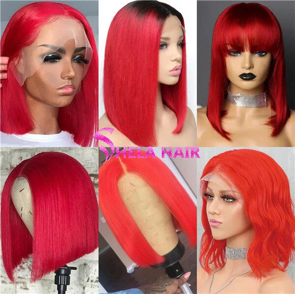 Red Color Bob Wig Transparent Lace Human Hair Wig