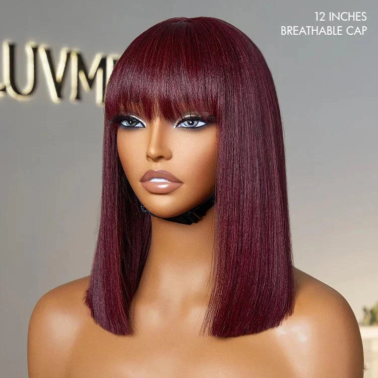 Reddish Purple Realistic Glueless Yaki Straight Bob with Bangs Minimalist Lace Bob Wig Put on & Go