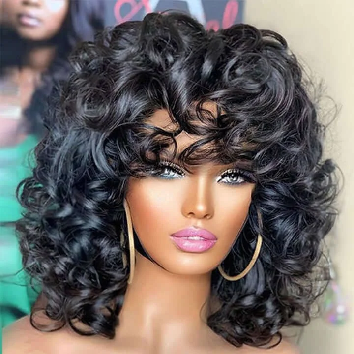 Short Bouncy Curly With Bang Bob Wig