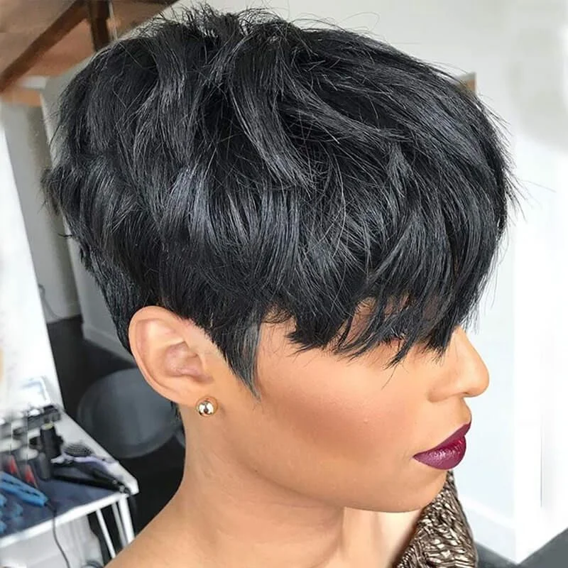 Short Pixie Cut Layered Glueless Human Hair Wig With Bang