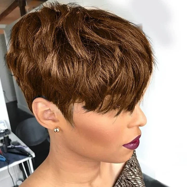 Short Wigs Layered Pixie Cut Human Hair with Bangs Brown Bob Wigs