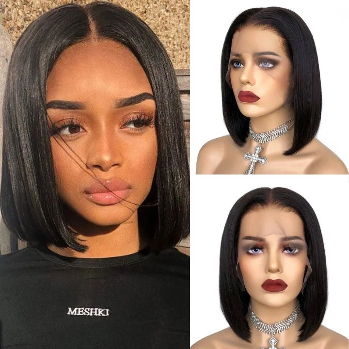 Short Straight Glueless HD Lace Front Bob Wig Natural Black Pre Plucked Human Hair Bob Wigs-Geetahair