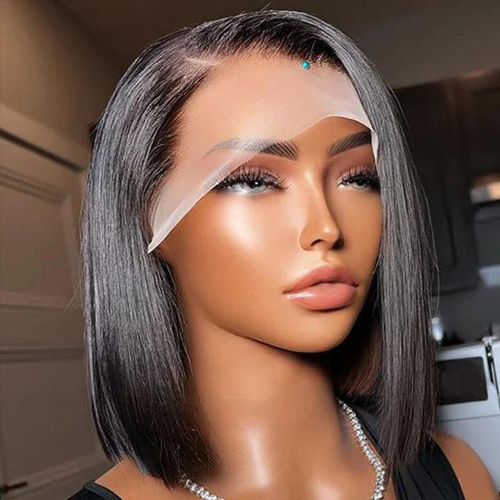 Short Straight Glueless HD Lace Front Bob Wig Natural Black Pre Plucked Human Hair Bob Wigs-Geetahair