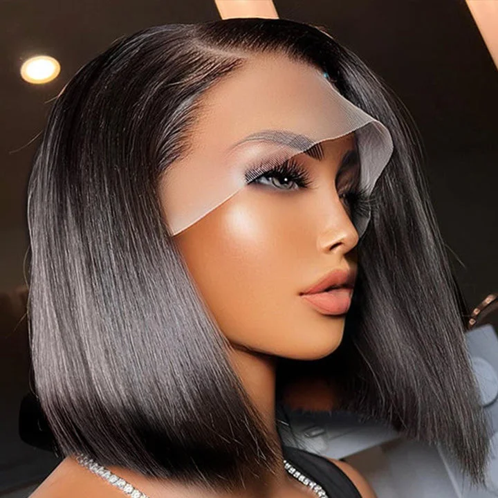 Short Straight Glueless HD Lace Front Bob Wig Natural Black Pre Plucked Human Hair Bob Wigs-Geetahair