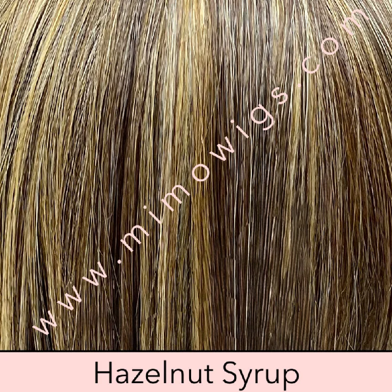 Included / HAZELNUT SYRUP • 6/33/613 |   Mixture of Med brown w/ hint of Dk auburn + gold blonde & highlighted w/ Lt blonde / Average