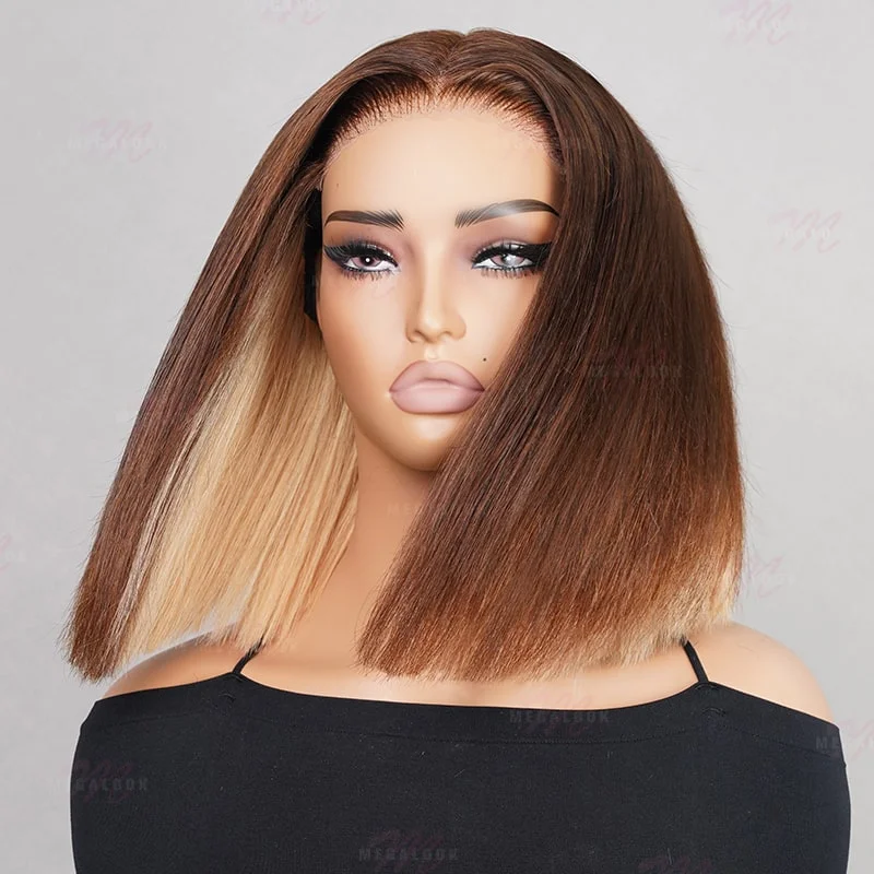 (Super Deal) Megalook Minimalist 6 Inch Deep Part #613 Peekaboo Glueless Lace Wig Short Straight Bob Wig 613 Skunk Stripe Chocolate Brown Wig