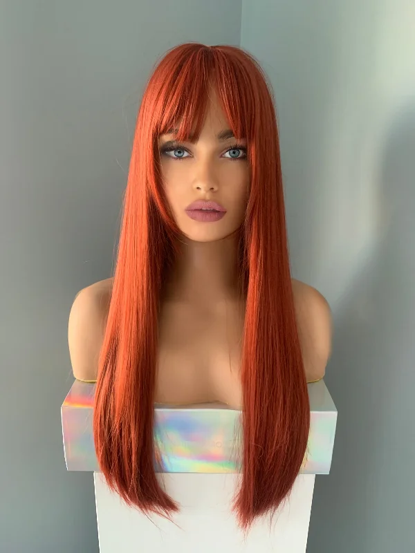 ""Trina"" - Long Red Straight Wig with Bangs