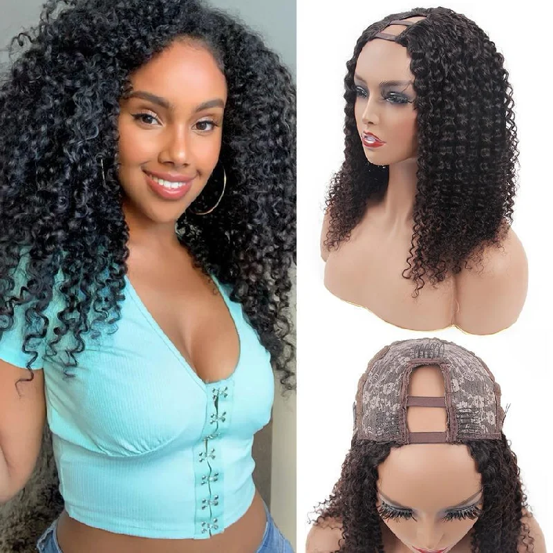 Kinky Curly U Part Human Hair Wig for Women, Brazilian Remy Human Hair Glueless 2x4 U Shape Clip in Half Wig