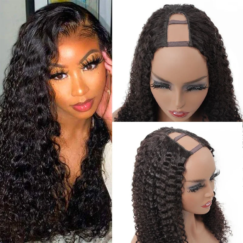 Kinky Curly U Part Human Hair Wig for Women, Brazilian Remy Human Hair Glueless 2x4 U Shape Clip in Half Wig