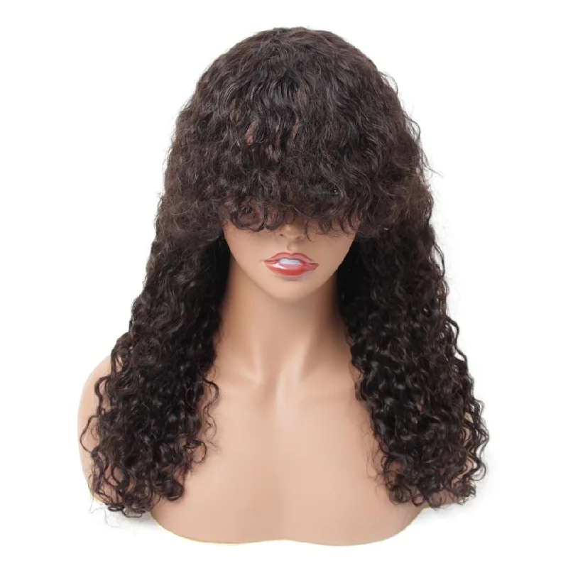 Brazilian Water Wave Wigs with Bangs 100% Human Hair Full Machine Made Wigs for Women