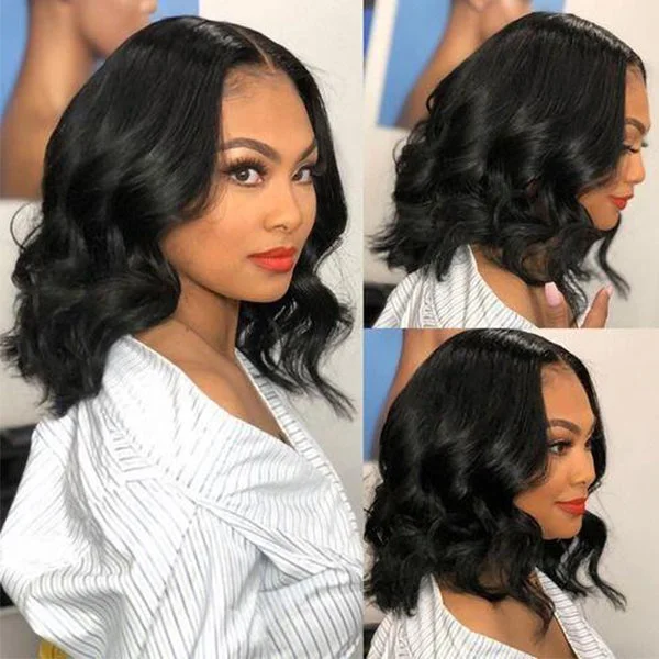 Natural Black Wavy Bob 13x4 / 4X4 Lace Front Human Hair Wigs For Black Women