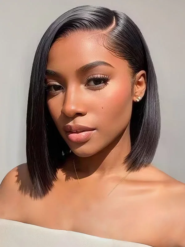 Wavymy Blunt Cut Short Asymmetrical Straight Bob Wig Super Soft 4x4 Lace Closure Side Part Short Bob Wigs