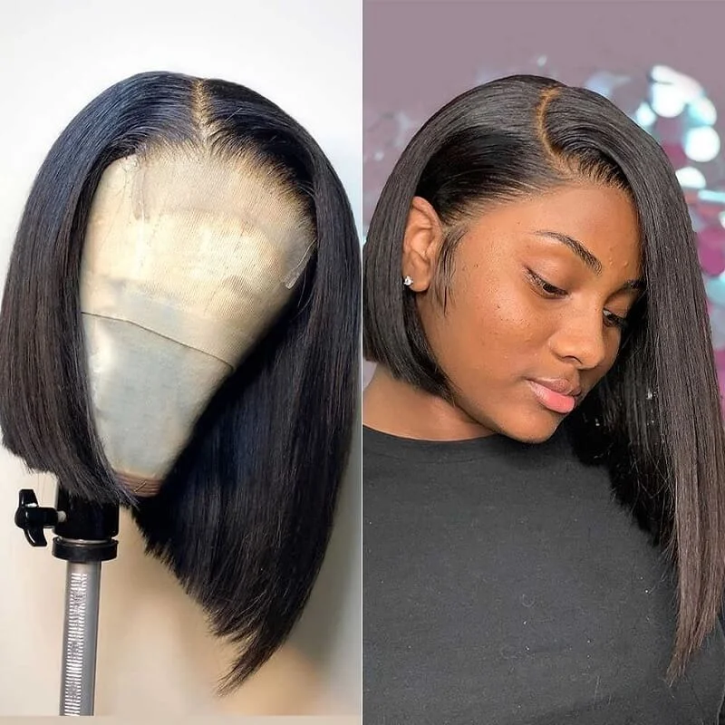 Wavymy Blunt Cut Short Asymmetrical Straight Bob Wig Super Soft 4x4 Lace Closure Side Part Short Bob Wigs