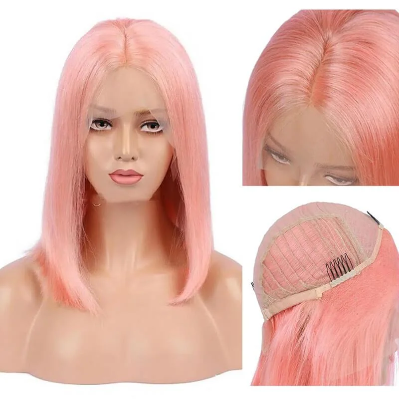 Wavymy Pink Short Bob Wig 13x4 Lace Front Straight Hair Wigs 8-14 Inch With Pre Plucked Hairline