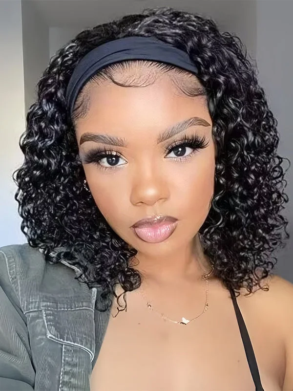 Wavymy Water Wave Headband Bob Wigs With Pre-attached Scarf Human Hair Wigs 180% Density