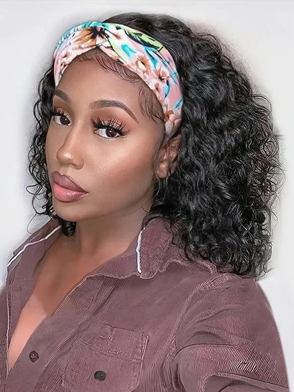 Wavymy Water Wave Headband Bob Wigs With Pre-attached Scarf Human Hair Wigs 180% Density