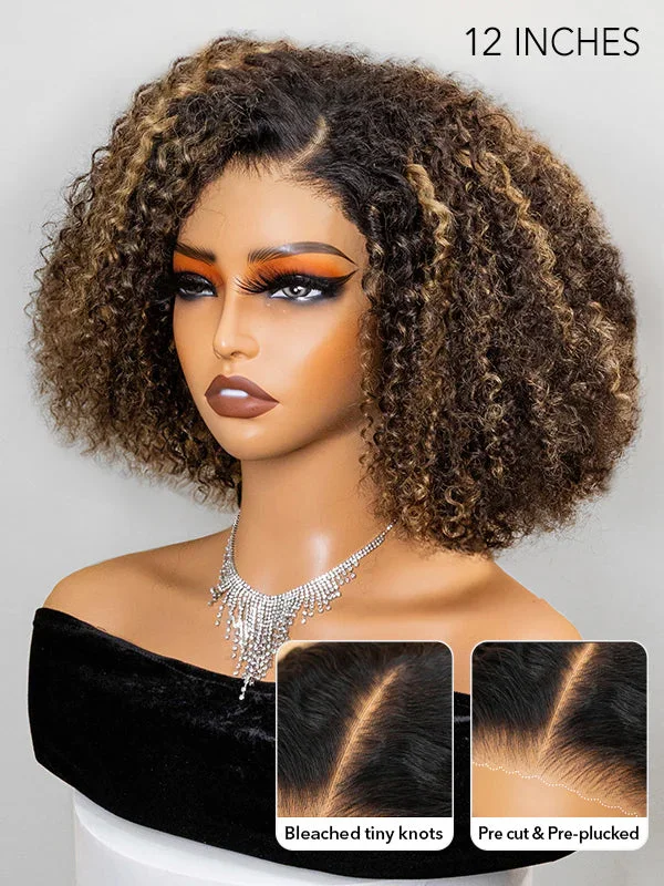 Wavymy Wear Go Glueless Curly Bob Wig Honey Blonde Highlight Kinky Curly 4x6 Pre-cut Lace Pre-bleached Knots Human Hair Wig 200% Density